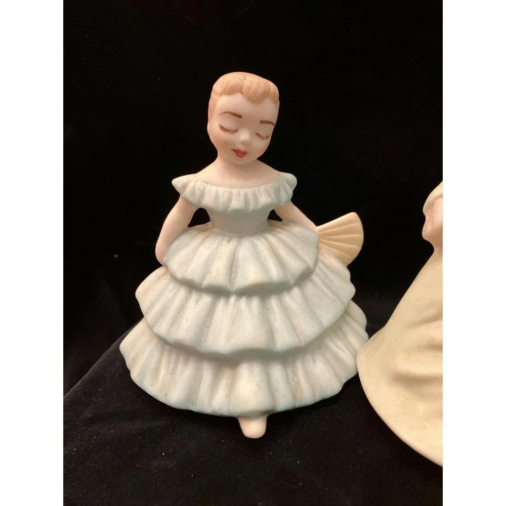 VTG 1960s Mallory Ceramic Figurine Set 2 Blue & Yellow Southern Belle Hand Fans